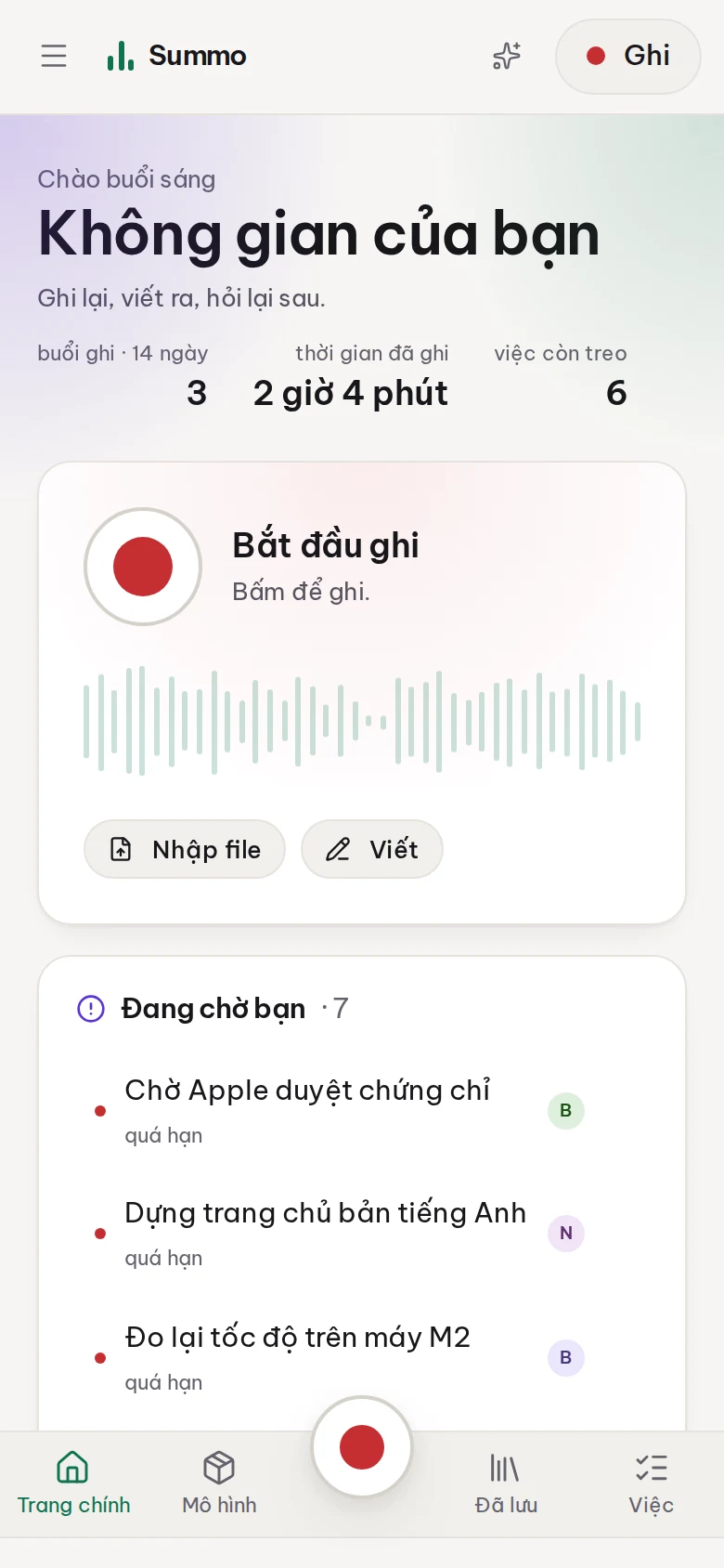 Summo trên màn hình 390px: trang chính với thanh điều hướng dưới cùng.