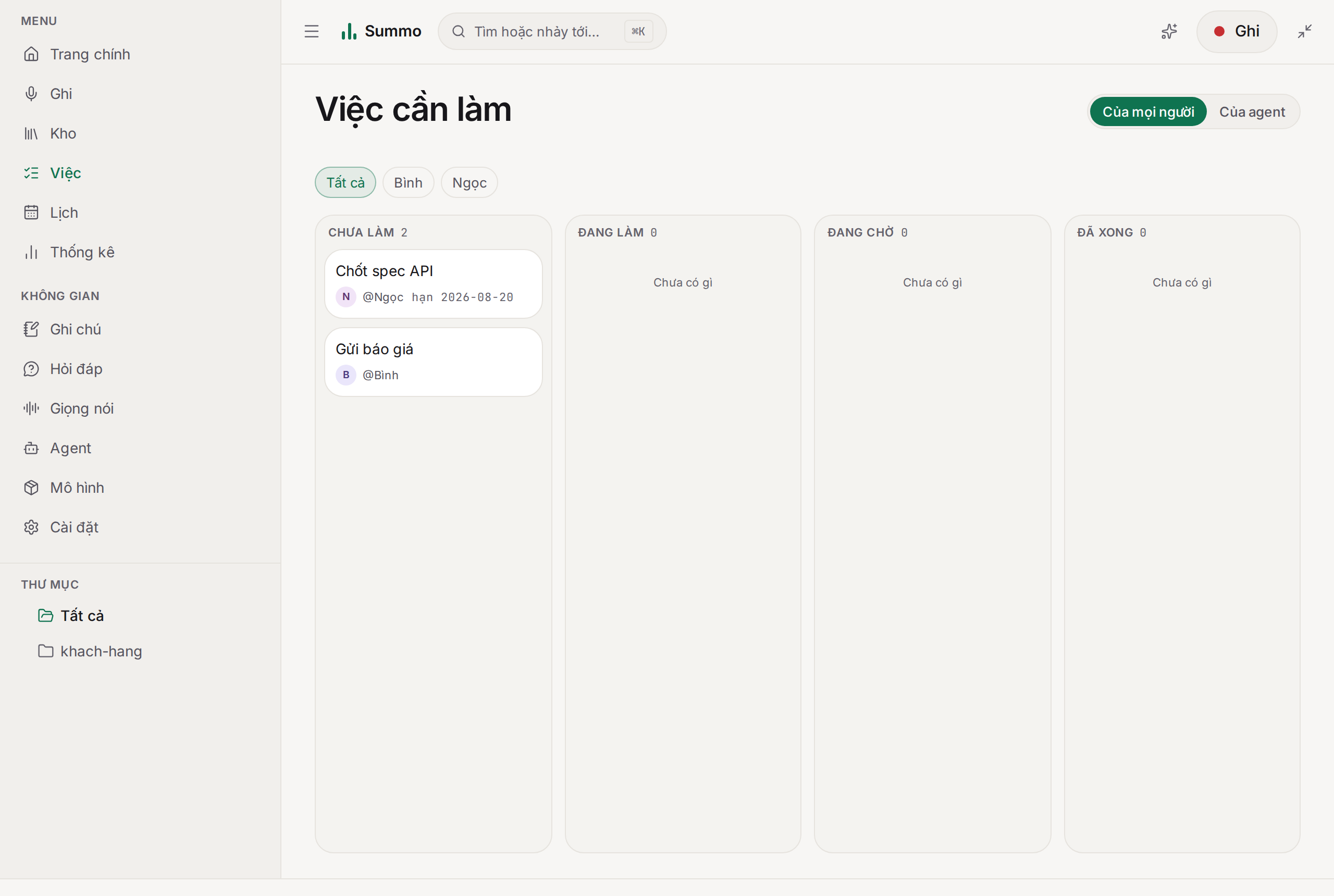 Bảng việc cần làm ở chế độ sáng, bốn làn kanban.